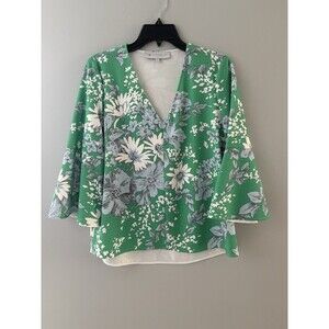 Tuckernuck Floral Blouse Size S Green White Bell Sleeve Botanical Forest